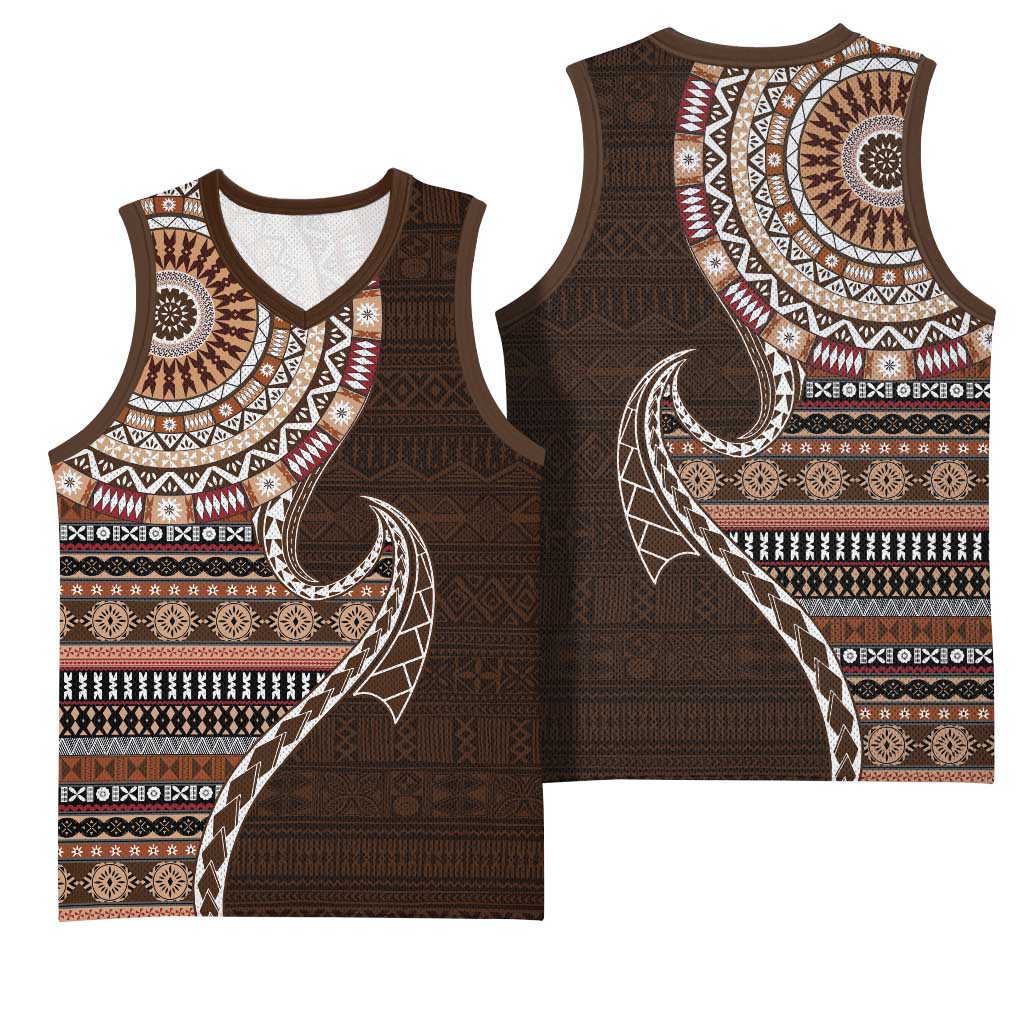 Fijian Masi Tribal Tattoos Art Pattern Basketball Jersey Brown Color Half Style - Polynesian Pride