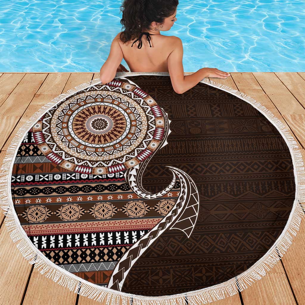 Fijian Masi Tribal Tattoos Art Pattern Beach Blanket Brown Color Half Style - Polynesian Pride