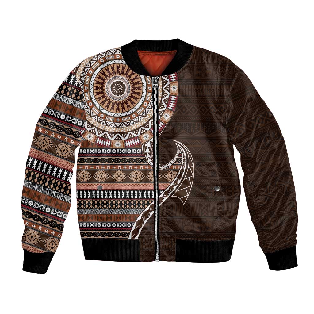 Fijian Masi Tribal Tattoos Art Pattern Bomber Jacket Brown Color Half Style LT03 Unisex Brown - Polynesian Pride