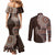Fijian Masi Tribal Tattoos Art Pattern Couples Matching Mermaid Dress and Long Sleeve Button Shirt Brown Color Half Style - Polynesian Pride