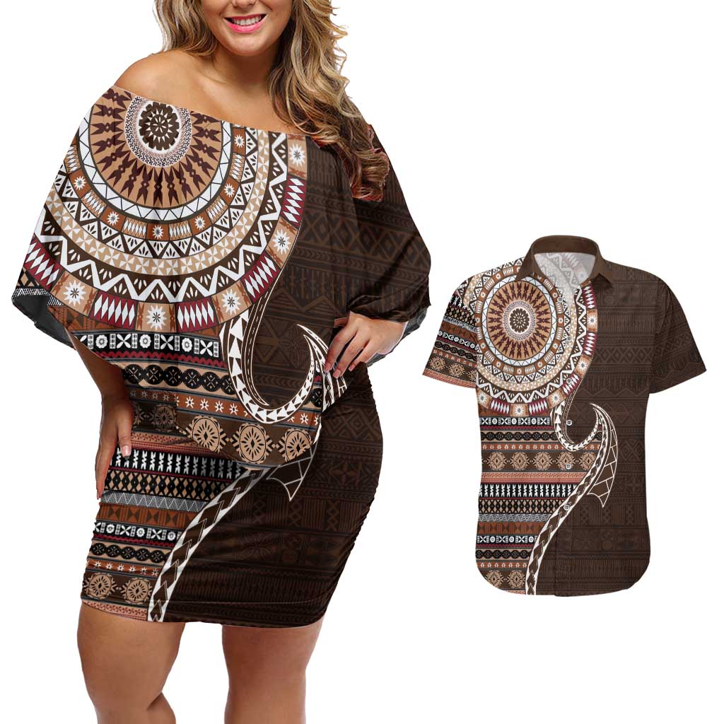 Fijian Masi Tribal Tattoos Art Pattern Couples Matching Off Shoulder Short Dress and Hawaiian Shirt Brown Color Half Style - Polynesian Pride