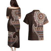 Fijian Masi Tribal Tattoos Art Pattern Couples Matching Puletasi and Hawaiian Shirt Brown Color Half Style LT03 - Polynesian Pride