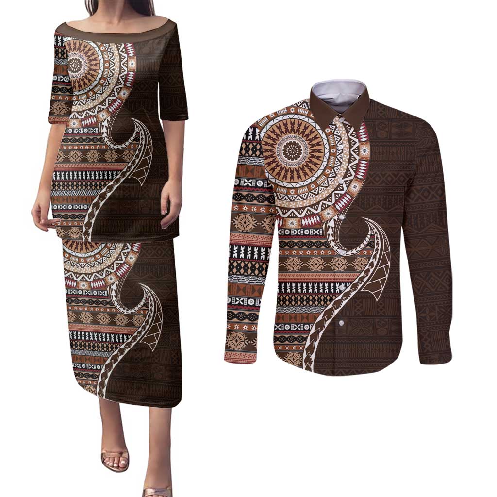 Fijian Masi Tribal Tattoos Art Pattern Couples Matching Puletasi and Long Sleeve Button Shirt Brown Color Half Style - Polynesian Pride
