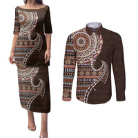 Fijian Masi Tribal Tattoos Art Pattern Couples Matching Puletasi and Long Sleeve Button Shirt Brown Color Half Style LT03 Brown - Polynesian Pride