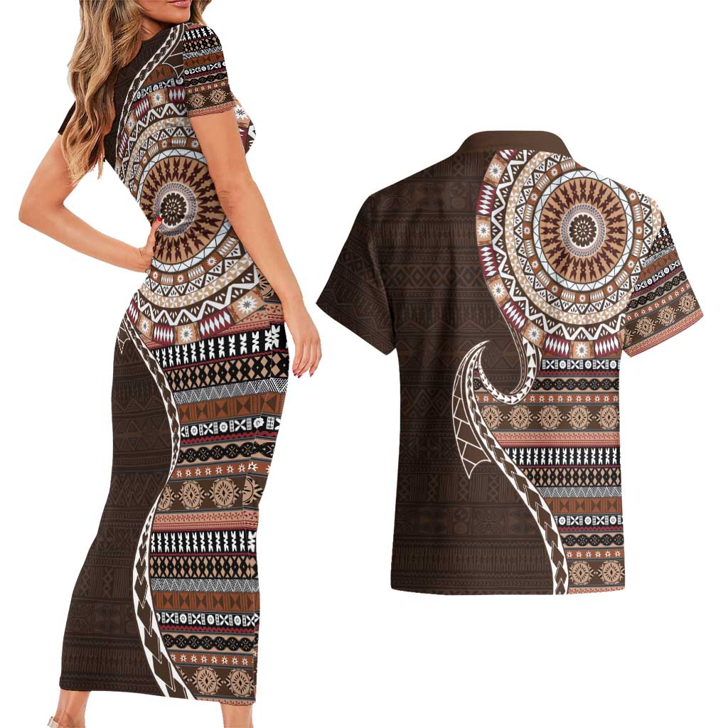 Fijian Masi Tribal Tattoos Art Pattern Couples Matching Short Sleeve Bodycon Dress and Hawaiian Shirt Brown Color Half Style - Polynesian Pride