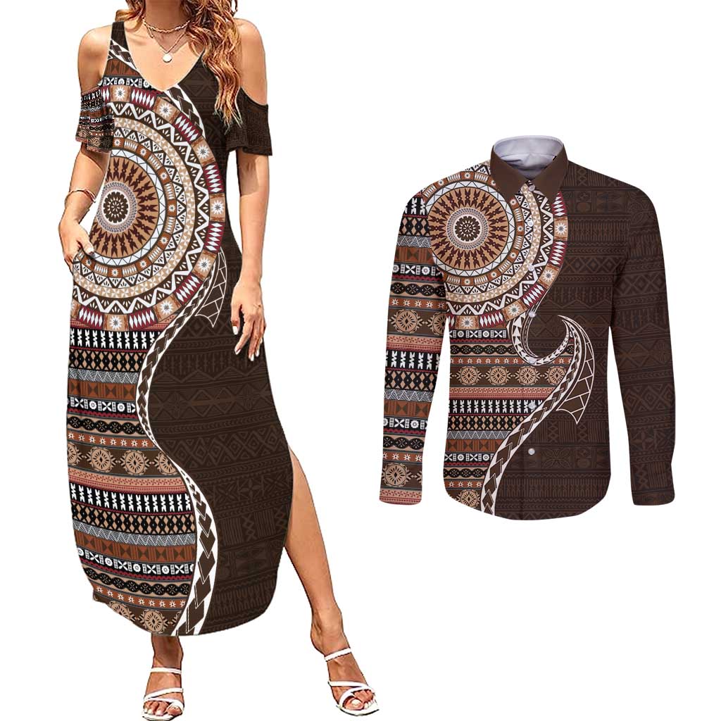 Fijian Masi Tribal Tattoos Art Pattern Couples Matching Summer Maxi Dress and Long Sleeve Button Shirt Brown Color Half Style LT03 Brown - Polynesian Pride