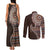 Fijian Masi Tribal Tattoos Art Pattern Couples Matching Tank Maxi Dress and Long Sleeve Button Shirt Brown Color Half Style - Polynesian Pride