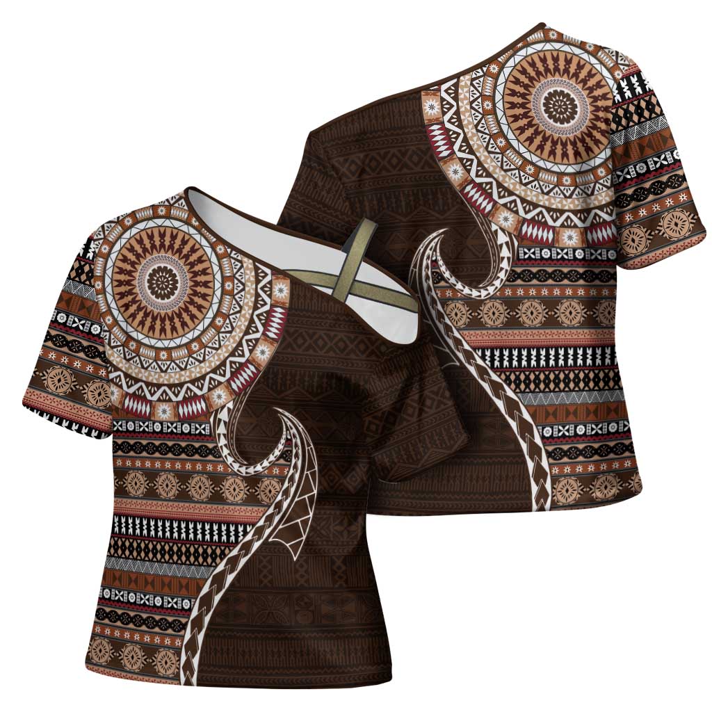 Fijian Masi Tribal Tattoos Art Pattern Cross Shoulder Shirt Brown Color Half Style LT03 - Polynesian Pride