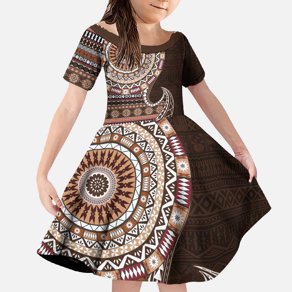 Fijian Masi Tribal Tattoos Art Pattern Family Matching Long Sleeve Bodycon Dress and Hawaiian Shirt Brown Color Half Style - Polynesian Pride