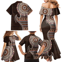 Fijian Masi Tribal Tattoos Art Pattern Family Matching Mermaid Dress and Hawaiian Shirt Brown Color Half Style - Polynesian Pride