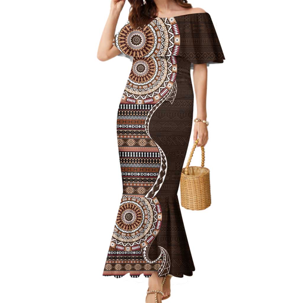 Fijian Masi Tribal Tattoos Art Pattern Family Matching Mermaid Dress and Hawaiian Shirt Brown Color Half Style - Polynesian Pride