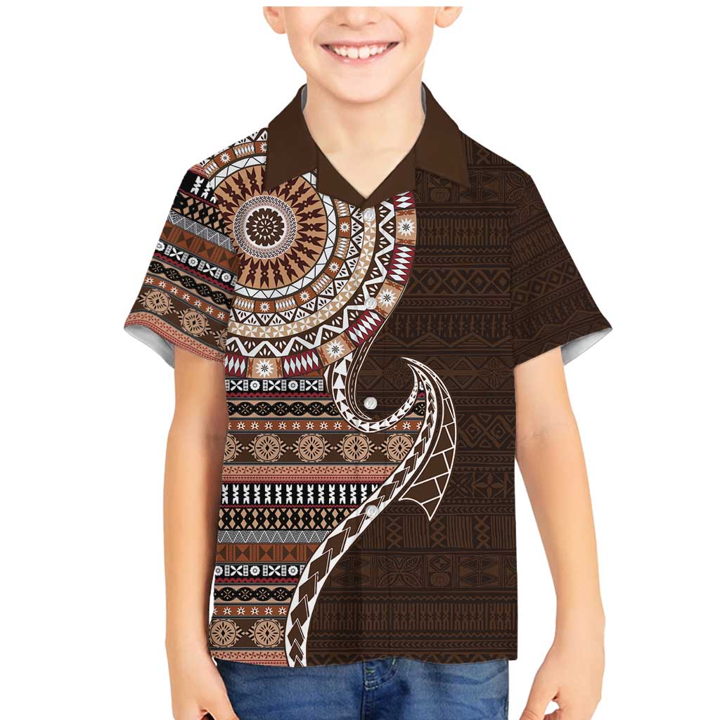 Fijian Masi Tribal Tattoos Art Pattern Family Matching Mermaid Dress and Hawaiian Shirt Brown Color Half Style - Polynesian Pride