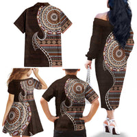 Fijian Masi Tribal Tattoos Art Pattern Family Matching Off The Shoulder Long Sleeve Dress and Hawaiian Shirt Brown Color Half Style - Polynesian Pride