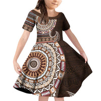 Fijian Masi Tribal Tattoos Art Pattern Family Matching Off Shoulder Short Dress and Hawaiian Shirt Brown Color Half Style - Polynesian Pride