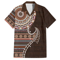 Fijian Masi Tribal Tattoos Art Pattern Family Matching Off Shoulder Short Dress and Hawaiian Shirt Brown Color Half Style - Polynesian Pride