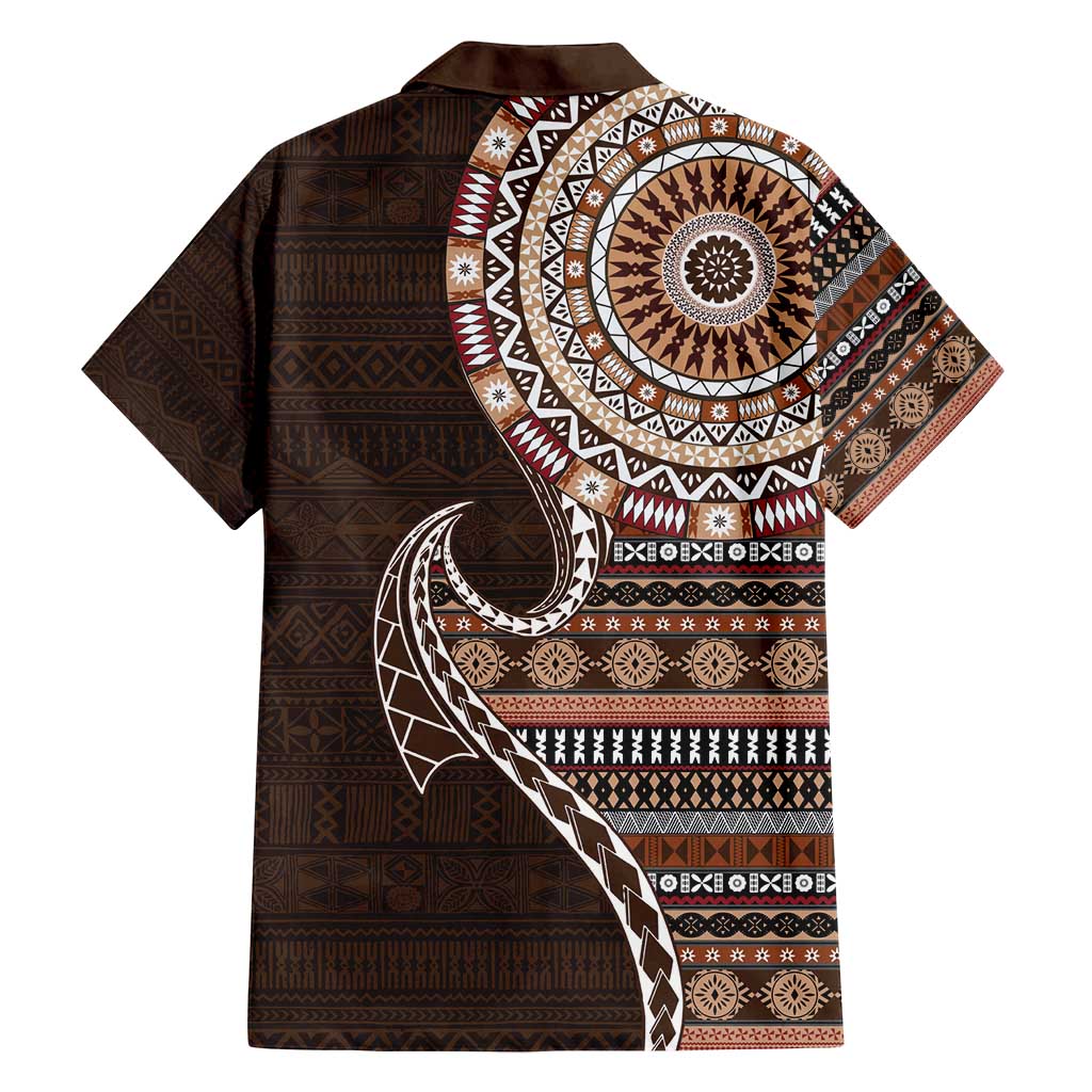 Fijian Masi Tribal Tattoos Art Pattern Family Matching Puletasi and Hawaiian Shirt Brown Color Half Style - Polynesian Pride