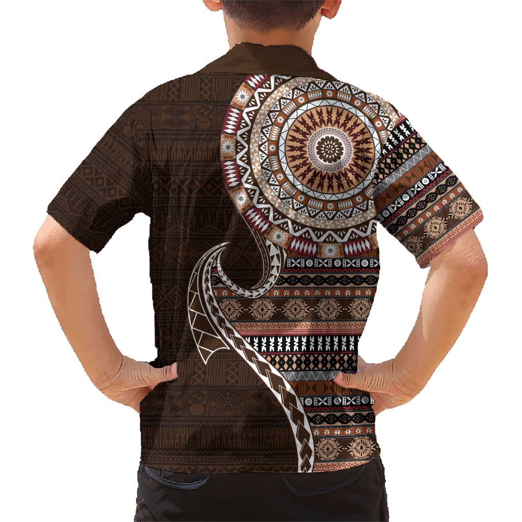 Fijian Masi Tribal Tattoos Art Pattern Family Matching Short Sleeve Bodycon Dress and Hawaiian Shirt Brown Color Half Style - Polynesian Pride