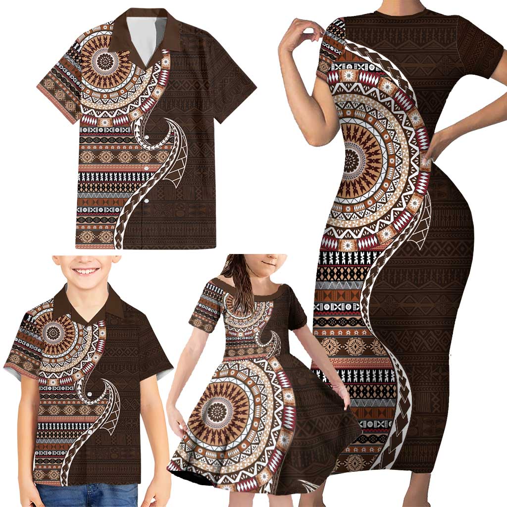 Fijian Masi Tribal Tattoos Art Pattern Family Matching Short Sleeve Bodycon Dress and Hawaiian Shirt Brown Color Half Style - Polynesian Pride
