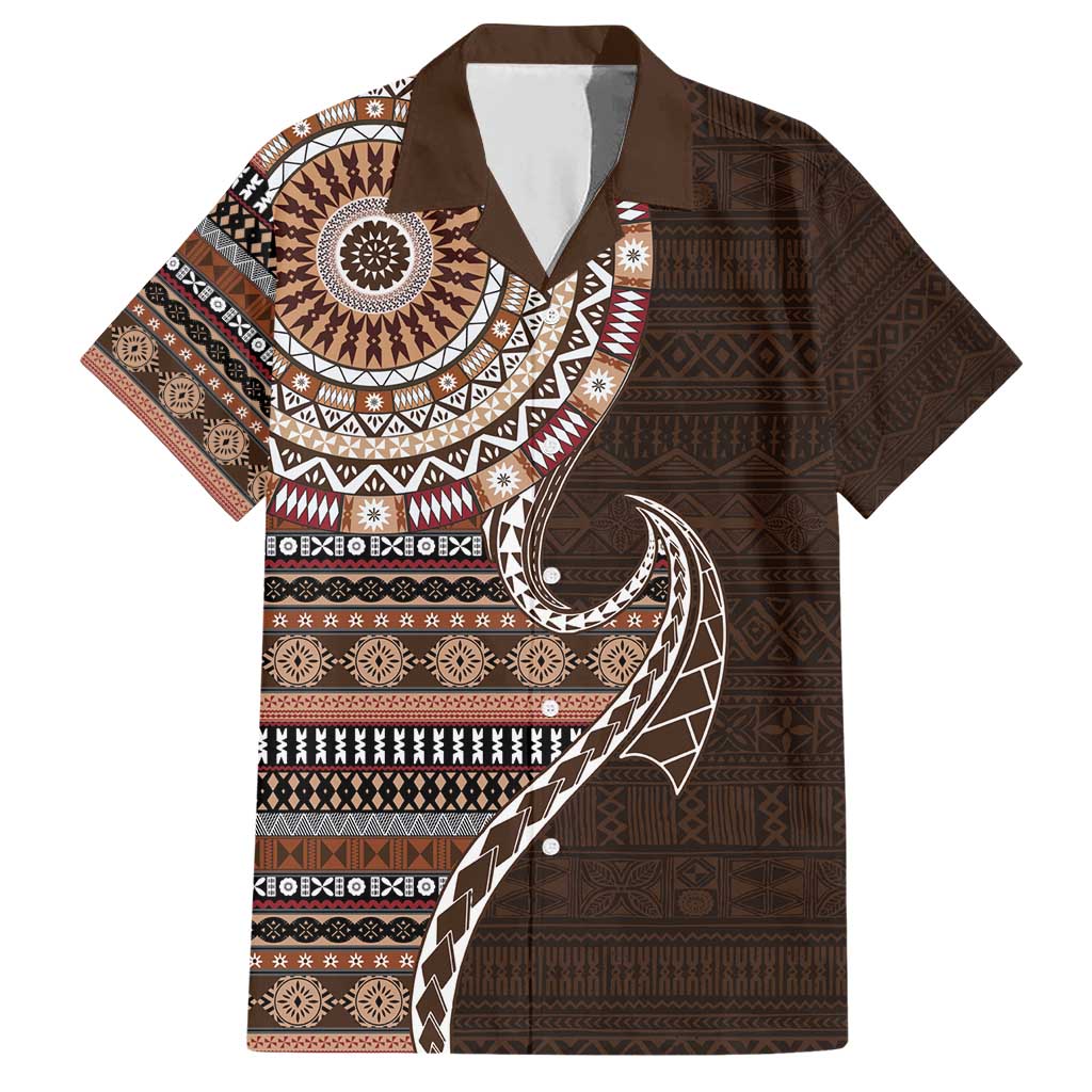 Fijian Masi Tribal Tattoos Art Pattern Family Matching Short Sleeve Bodycon Dress and Hawaiian Shirt Brown Color Half Style - Polynesian Pride