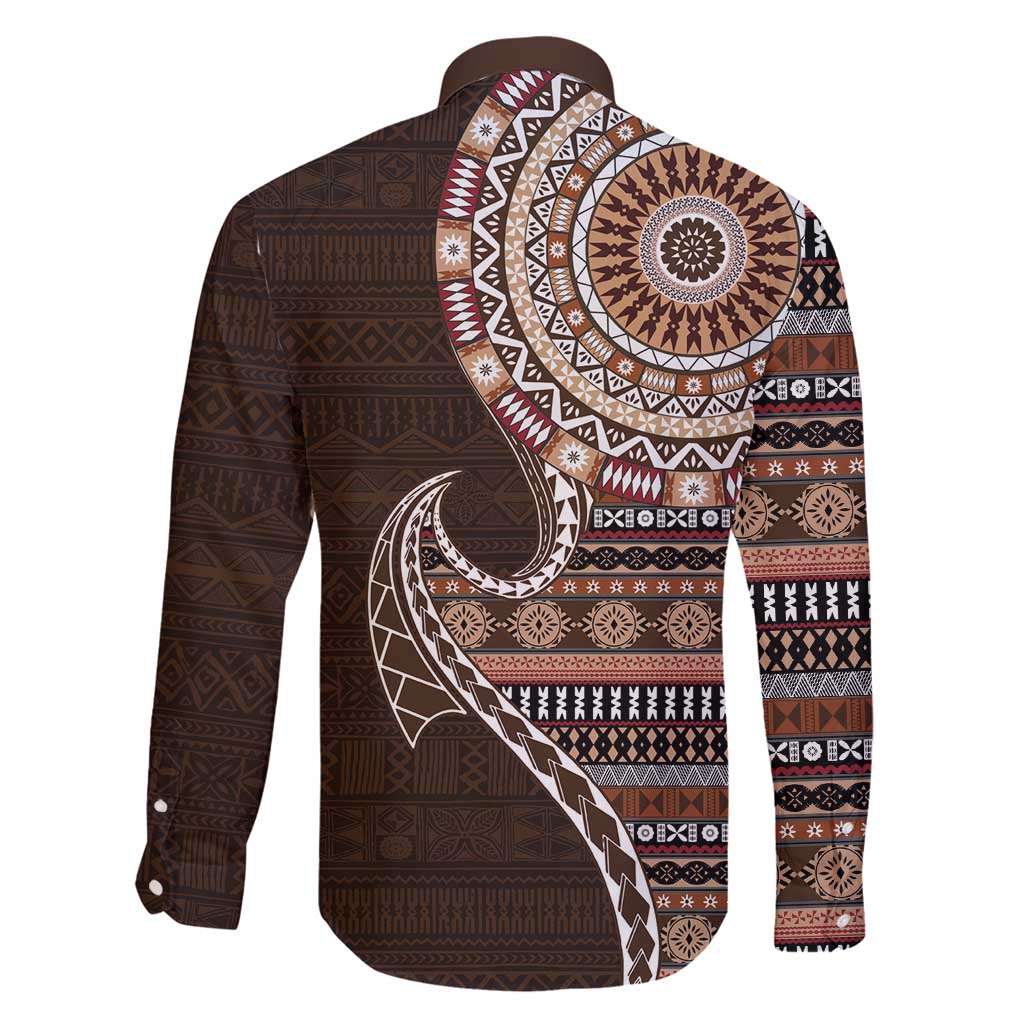 Fijian Masi Tribal Tattoos Art Pattern Family Matching Short Sleeve Bodycon Dress and Hawaiian Shirt Brown Color Half Style - Polynesian Pride