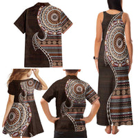 Fijian Masi Tribal Tattoos Art Pattern Family Matching Tank Maxi Dress and Hawaiian Shirt Brown Color Half Style - Polynesian Pride