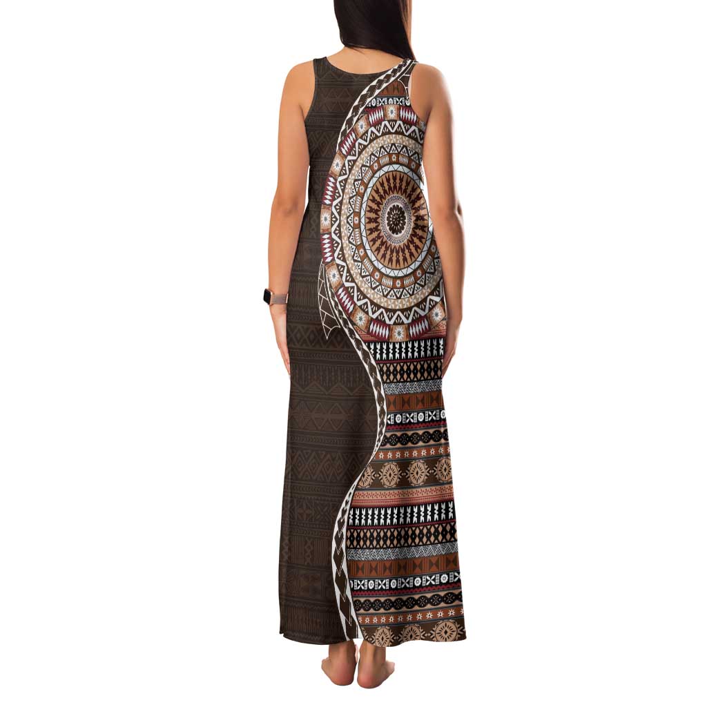 Fijian Masi Tribal Tattoos Art Pattern Family Matching Tank Maxi Dress and Hawaiian Shirt Brown Color Half Style - Polynesian Pride
