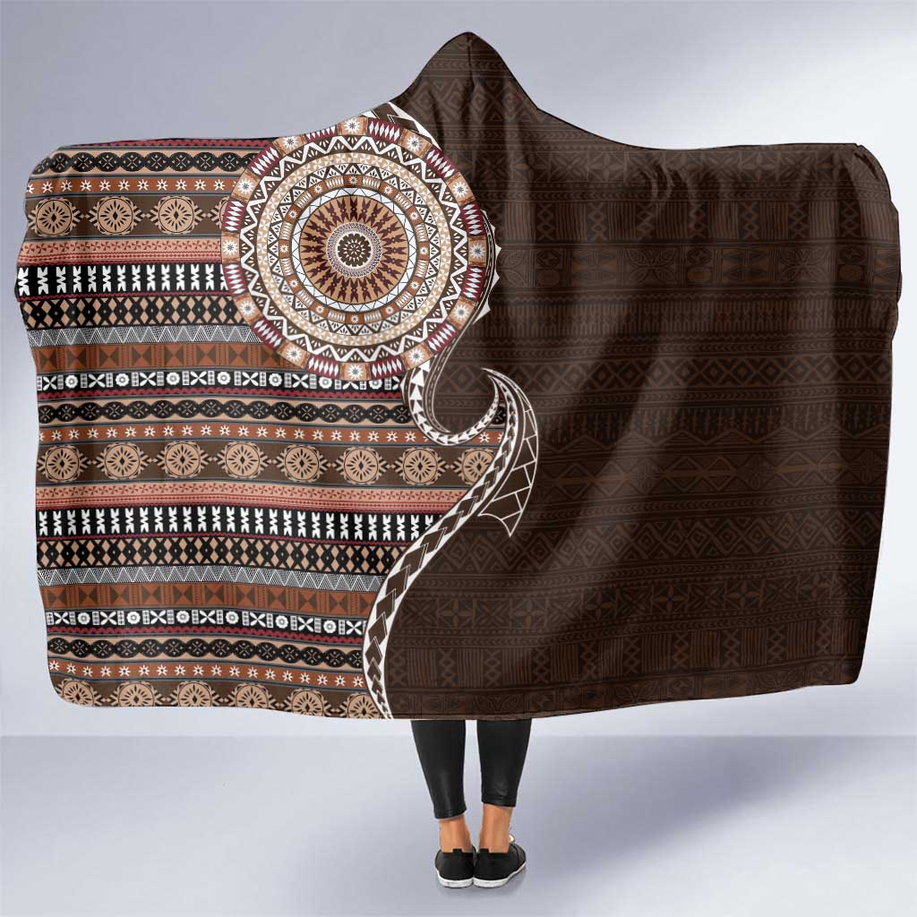Fijian Masi Tribal Tattoos Art Pattern Hooded Blanket Brown Color Half Style - Polynesian Pride