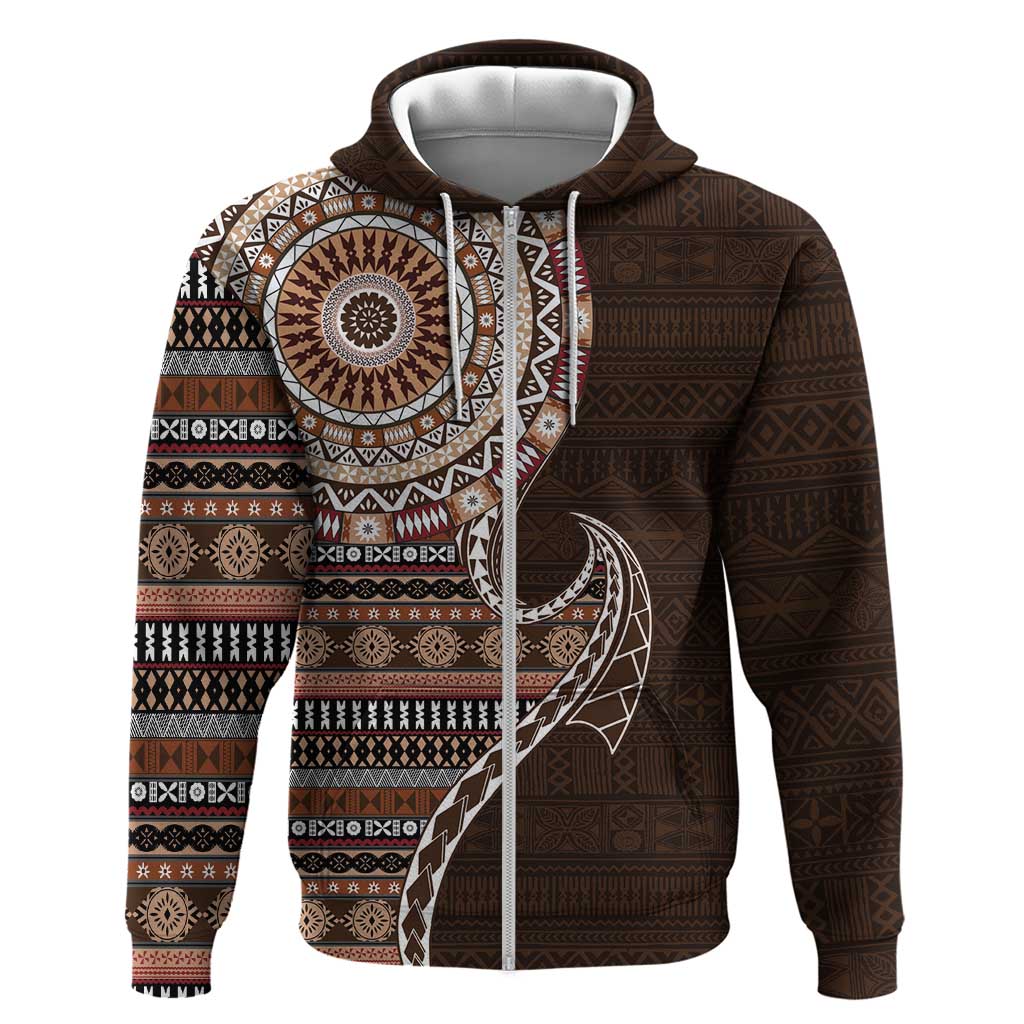 Fijian Masi Tribal Tattoos Art Pattern Hoodie Brown Color Half Style - Polynesian Pride