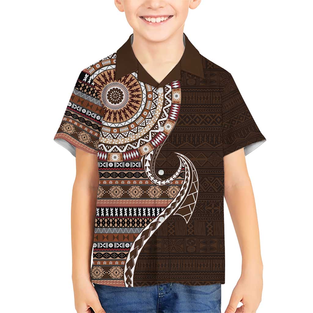 Fijian Masi Tribal Tattoos Art Pattern Kid Hawaiian Shirt Brown Color Half Style LT03 Kid Brown - Polynesian Pride