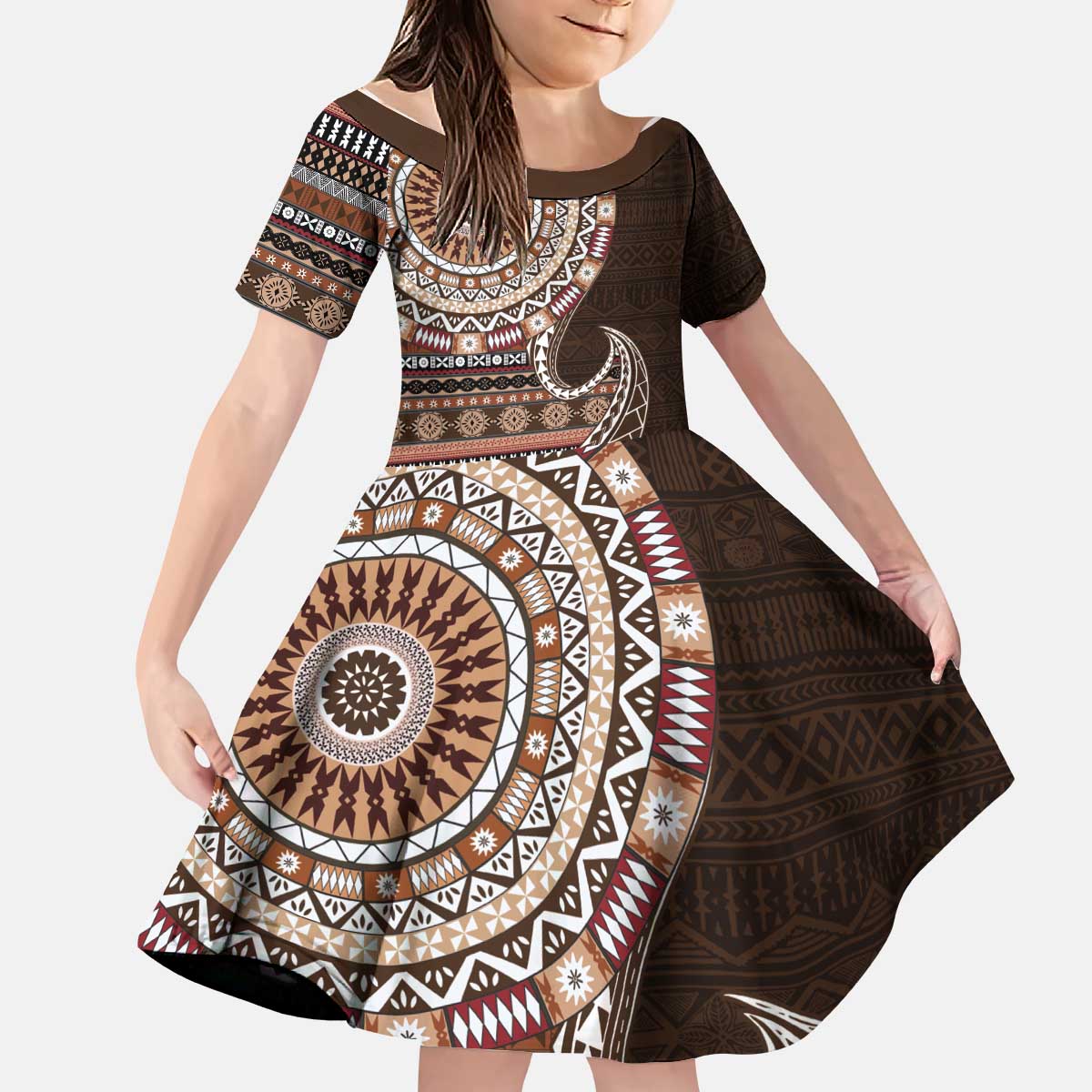 Fijian Masi Tribal Tattoos Art Pattern Kid Short Sleeve Dress Brown Color Half Style - Polynesian Pride