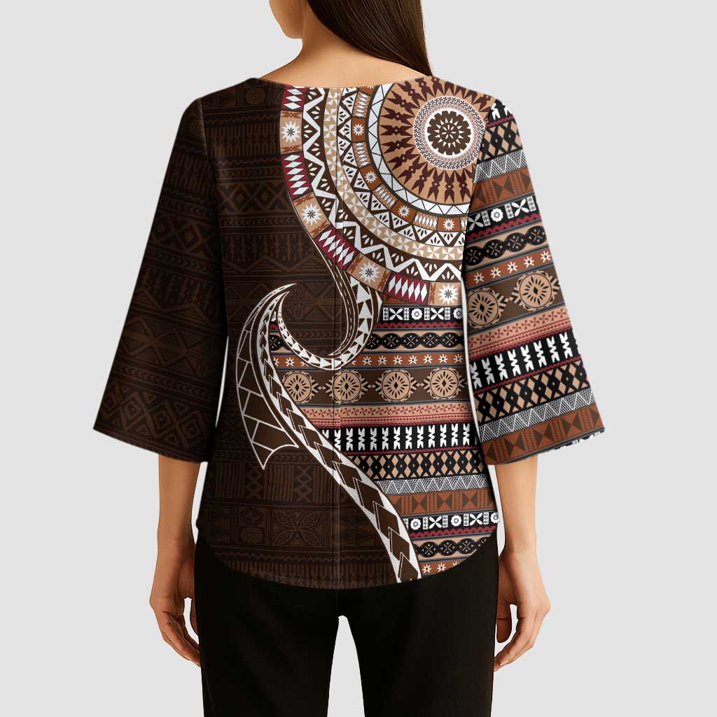 Fijian Masi Tribal Tattoos Art Pattern Kimono Sleeve Blouse Brown Color Half Style - Polynesian Pride