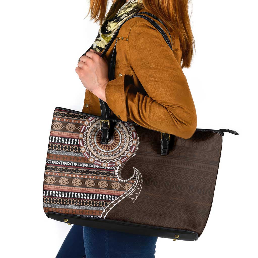 Fijian Masi Tribal Tattoos Art Pattern Leather Tote Bag Brown Color Half Style LT03 Brown - Polynesian Pride