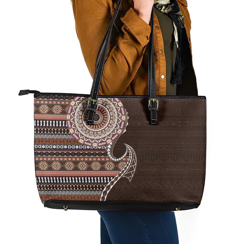 Fijian Masi Tribal Tattoos Art Pattern Leather Tote Bag Brown Color Half Style LT03 - Polynesian Pride