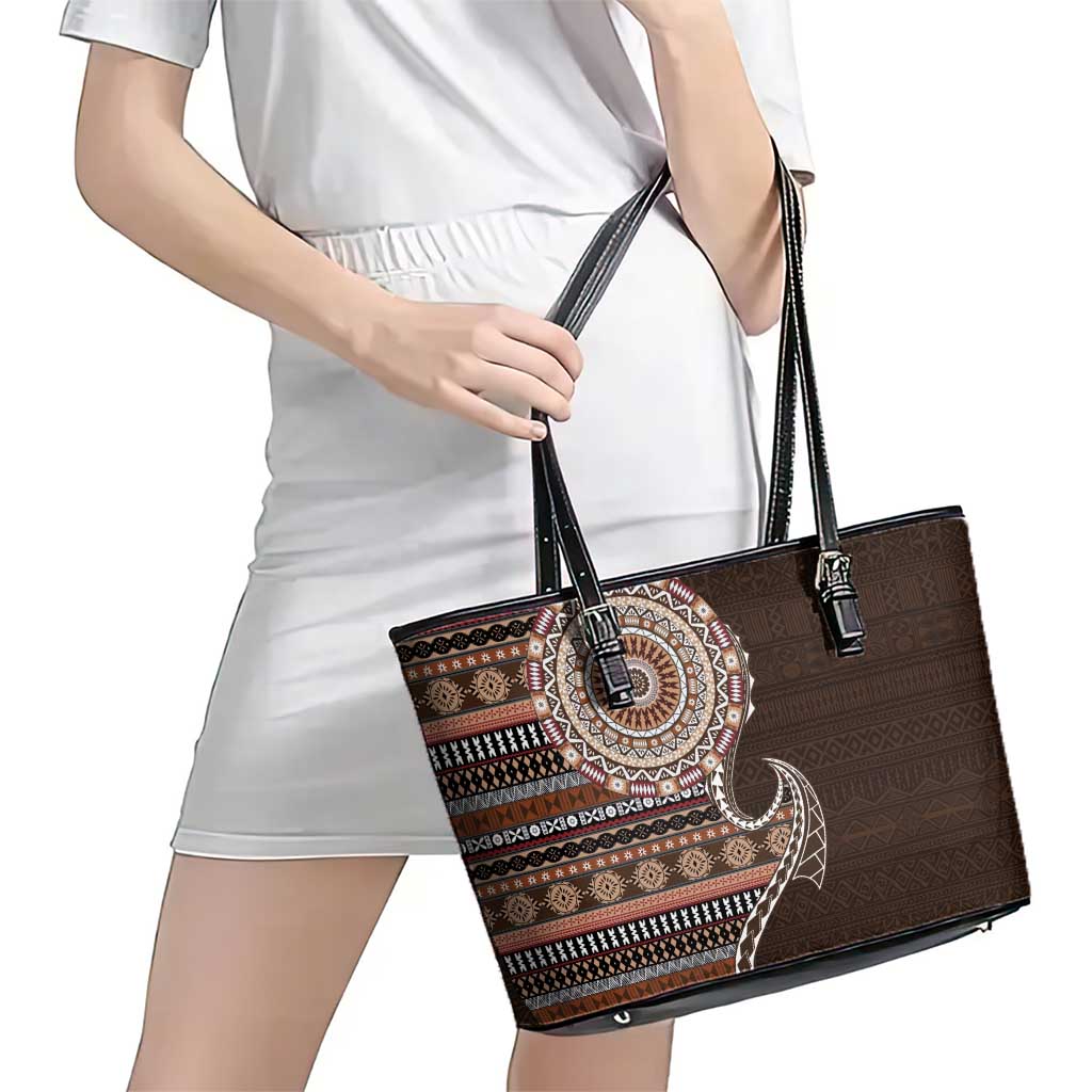 Fijian Masi Tribal Tattoos Art Pattern Leather Tote Bag Brown Color Half Style LT03 - Polynesian Pride