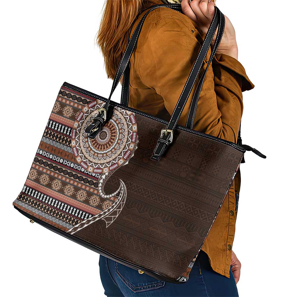 Fijian Masi Tribal Tattoos Art Pattern Leather Tote Bag Brown Color Half Style LT03 - Polynesian Pride