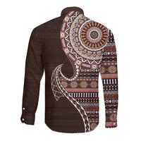 Fijian Masi Tribal Tattoos Art Pattern Long Sleeve Button Shirt Brown Color Half Style LT03 - Polynesian Pride