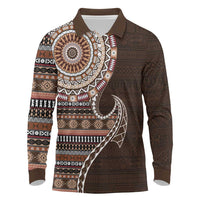 Fijian Masi Tribal Tattoos Art Pattern Long Sleeve Polo Shirt Brown Color Half Style - Polynesian Pride