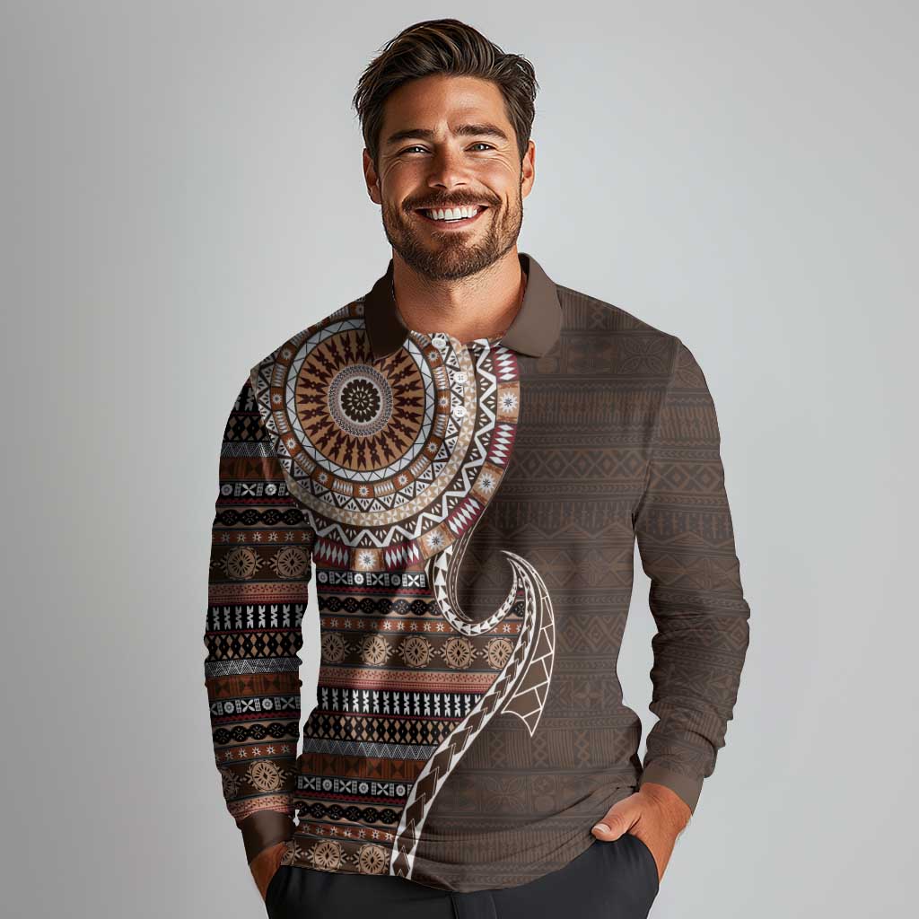 Fijian Masi Tribal Tattoos Art Pattern Long Sleeve Polo Shirt Brown Color Half Style - Polynesian Pride