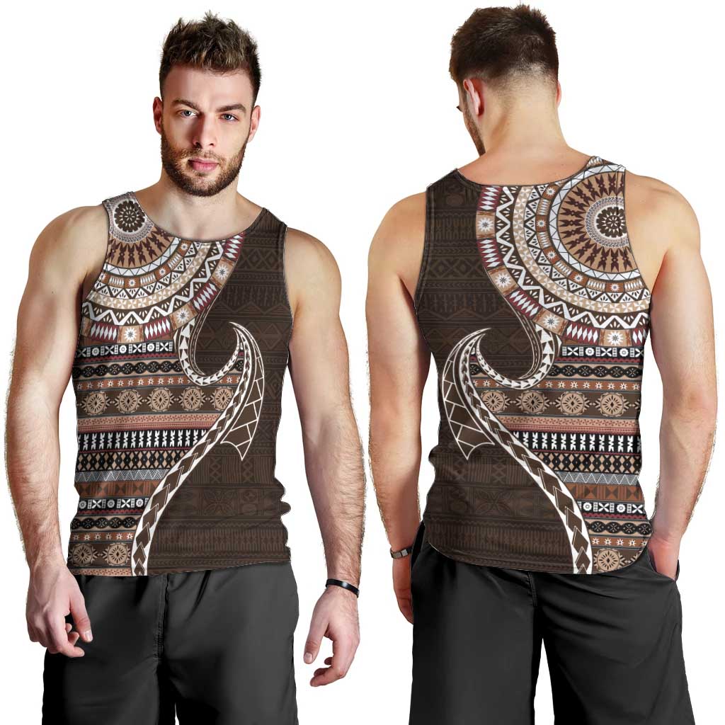 Fijian Masi Tribal Tattoos Art Pattern Men Tank Top Brown Color Half Style - Polynesian Pride