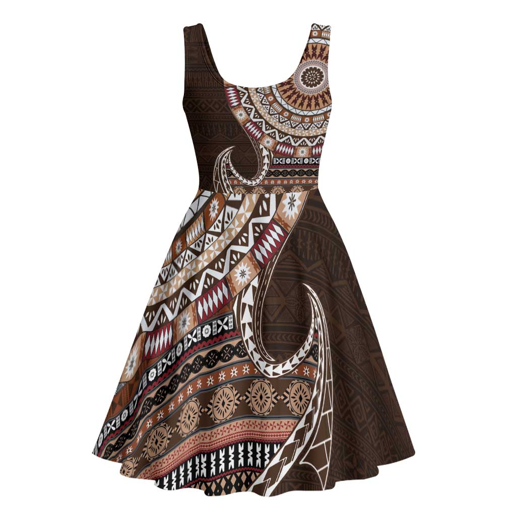 Fijian Masi Tribal Tattoos Art Pattern Midi Dress Brown Color Half Style - Polynesian Pride