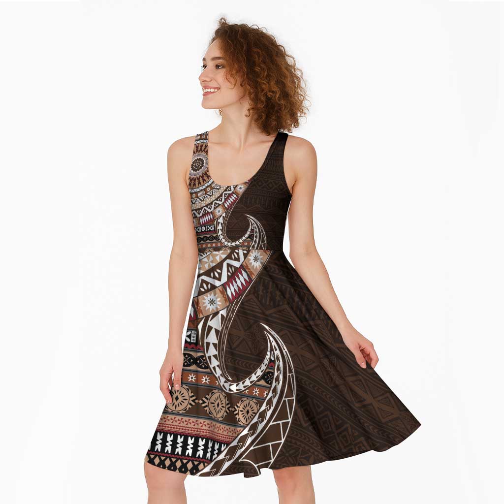 Fijian Masi Tribal Tattoos Art Pattern Midi Dress Brown Color Half Style - Polynesian Pride