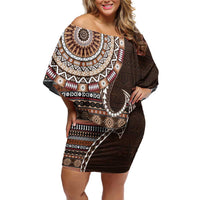 Fijian Masi Tribal Tattoos Art Pattern Off Shoulder Short Dress Brown Color Half Style - Polynesian Pride