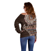 Fijian Masi Tribal Tattoos Art Pattern Off Shoulder Sweater Brown Color Half Style - Polynesian Pride