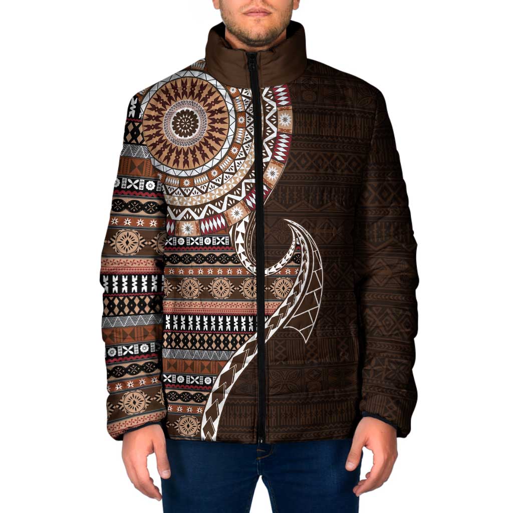 Fijian Masi Tribal Tattoos Art Pattern Padded Jacket Brown Color Half Style - Polynesian Pride