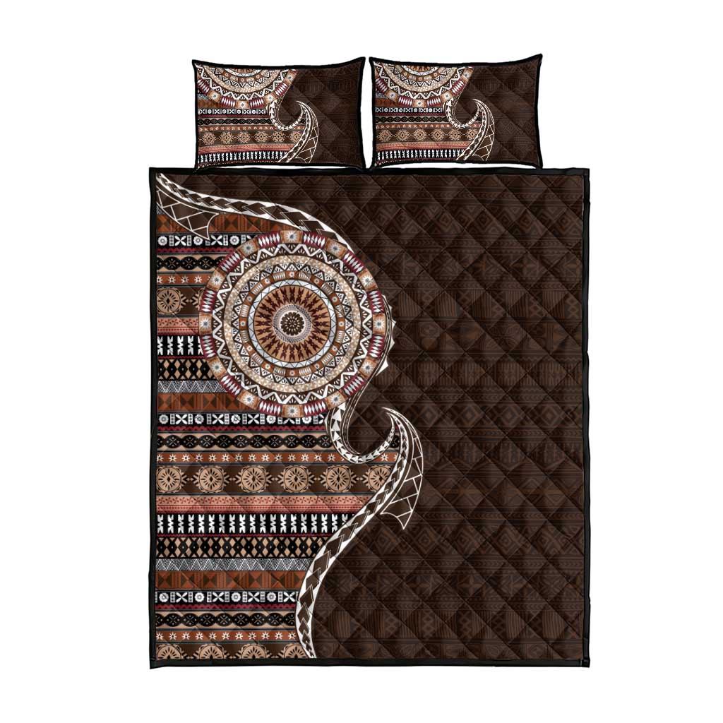 Fijian Masi Tribal Tattoos Art Pattern Quilt Bed Set Brown Color Half Style - Polynesian Pride