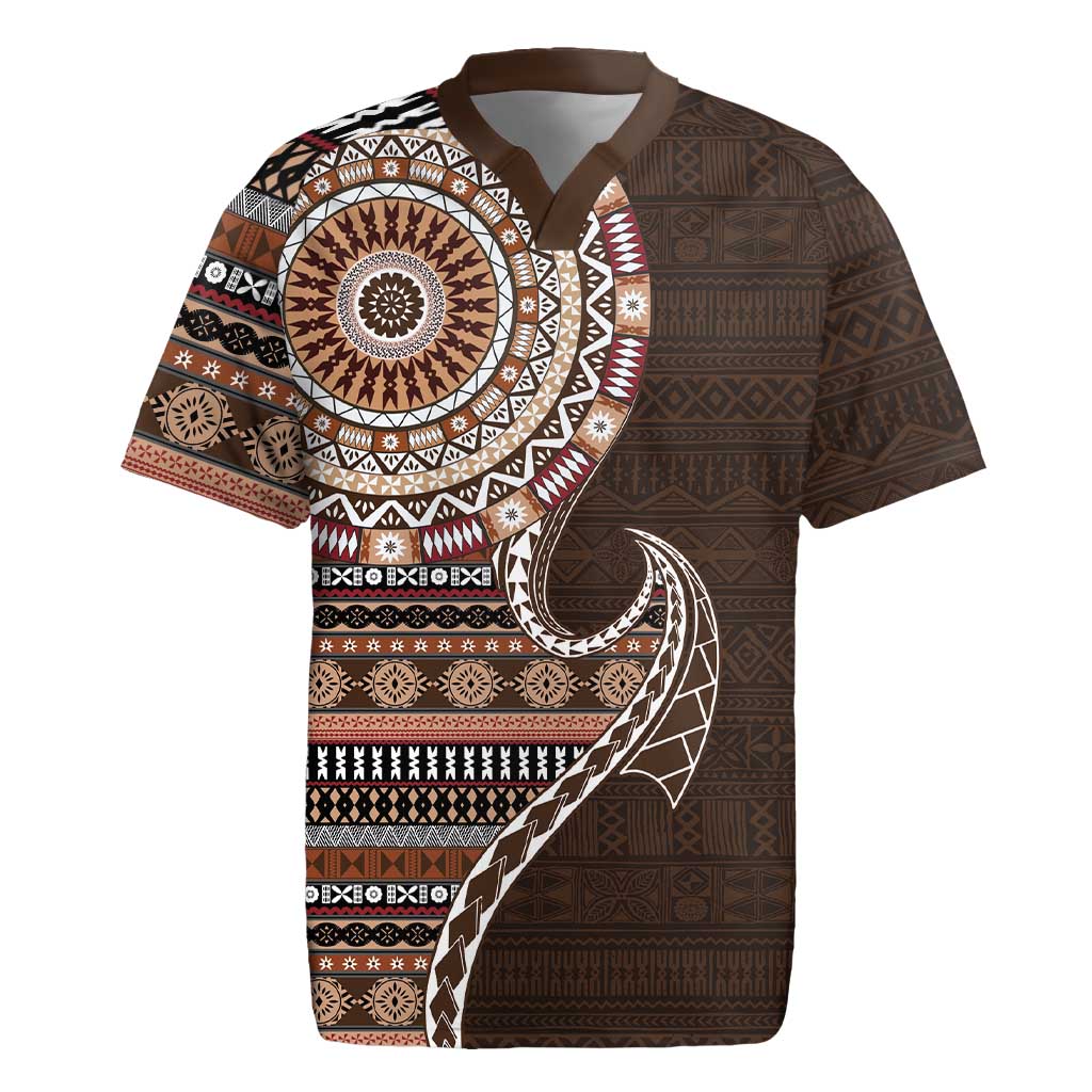 Fijian Masi Tribal Tattoos Art Pattern Rugby Jersey Brown Color Half Style - Polynesian Pride
