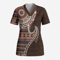 Fijian Masi Tribal Tattoos Art Pattern Scrub Top Brown Color Half Style - Polynesian Pride
