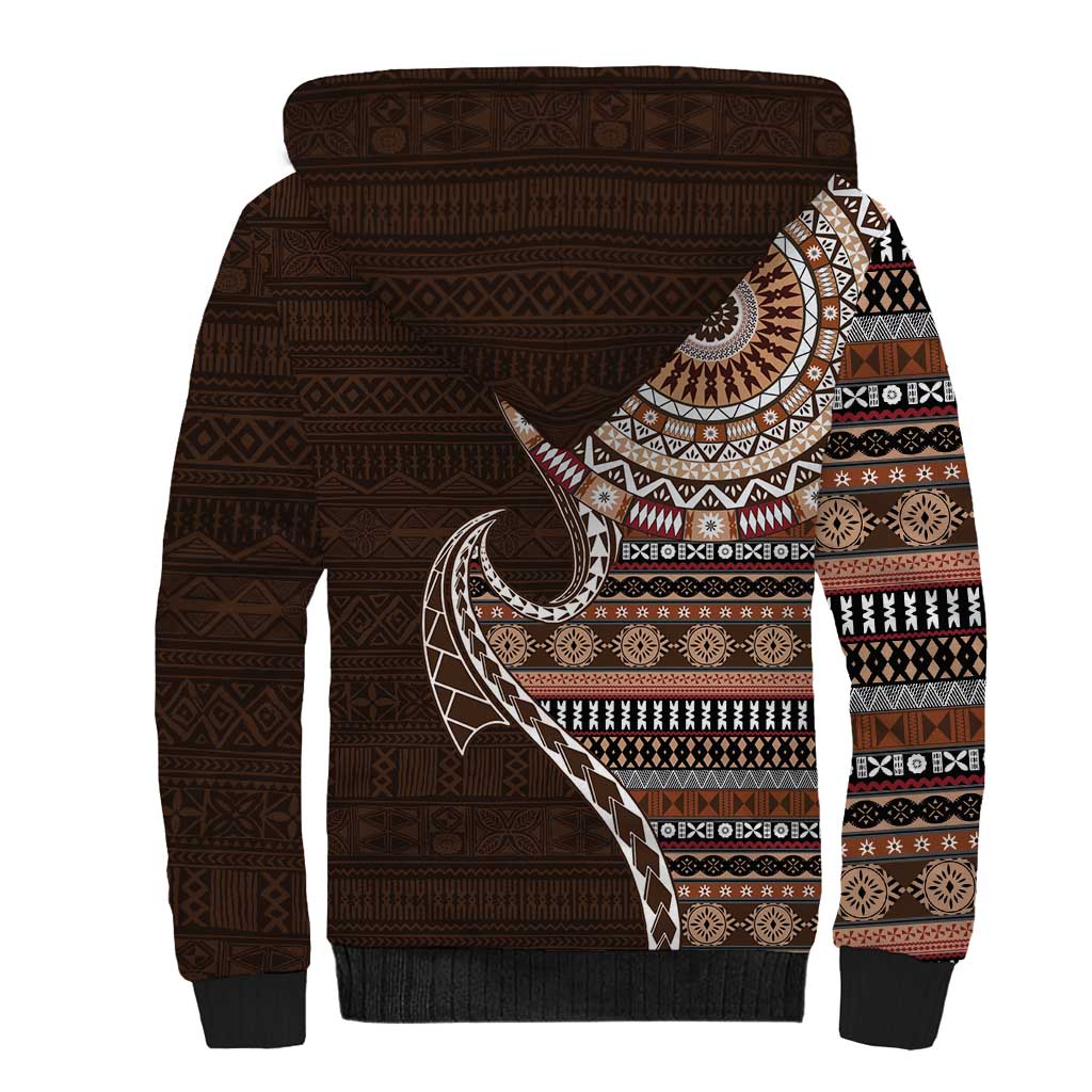 Fijian Masi Tribal Tattoos Art Pattern Sherpa Hoodie Brown Color Half Style - Polynesian Pride