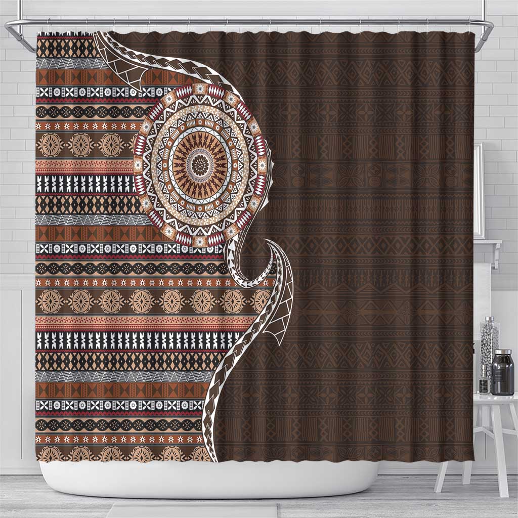 Fijian Masi Tribal Tattoos Art Pattern Shower Curtain Brown Color Half Style - Polynesian Pride
