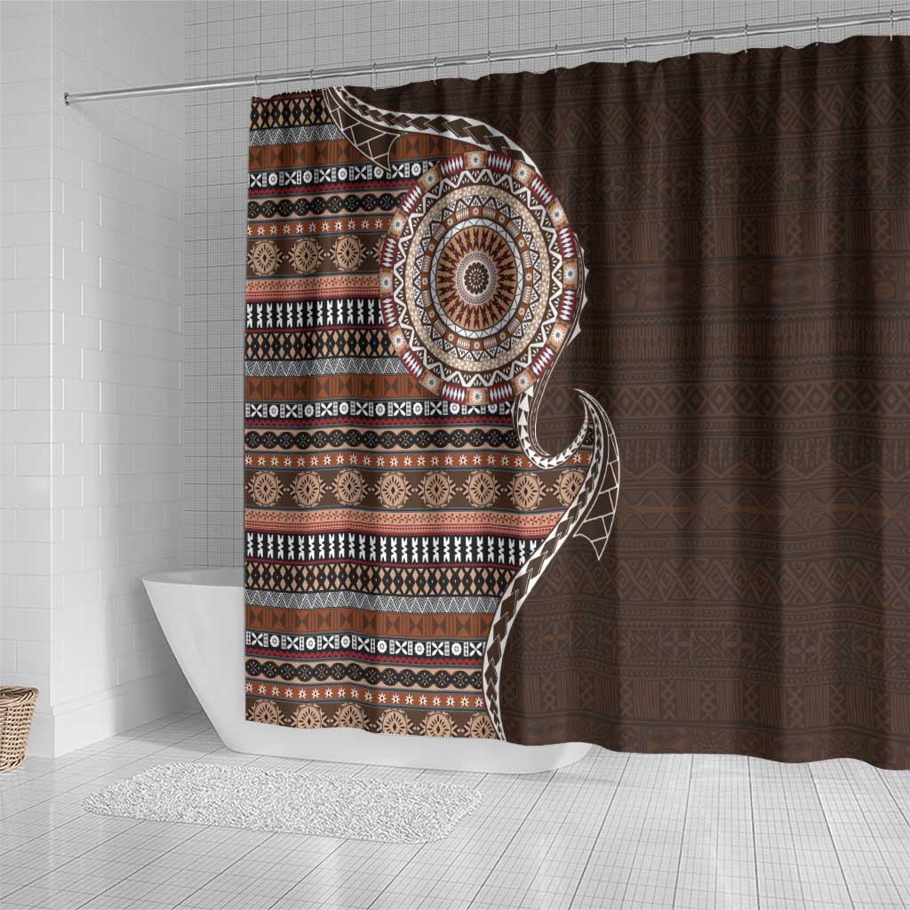 Fijian Masi Tribal Tattoos Art Pattern Shower Curtain Brown Color Half Style - Polynesian Pride